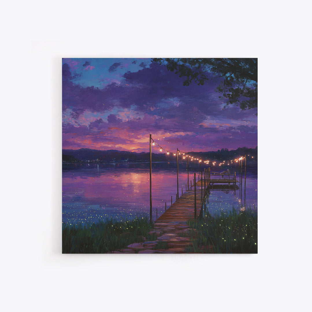 Magical Lakeside Dock At Twilight Wall Art, Firefly Lake Sunset Painting, Calming Landscape Canvas Print Home Decor