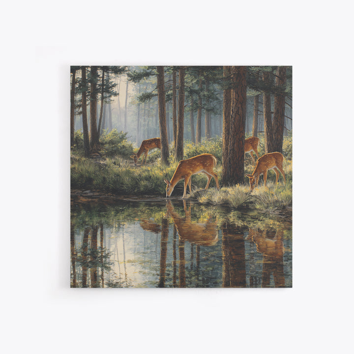 Deer Drinking At Forest Lake Wall Art, Peaceful Wildlife Landscape Canvas Print, Rustic Cabin Decor, Nature Inspired Living Room Art