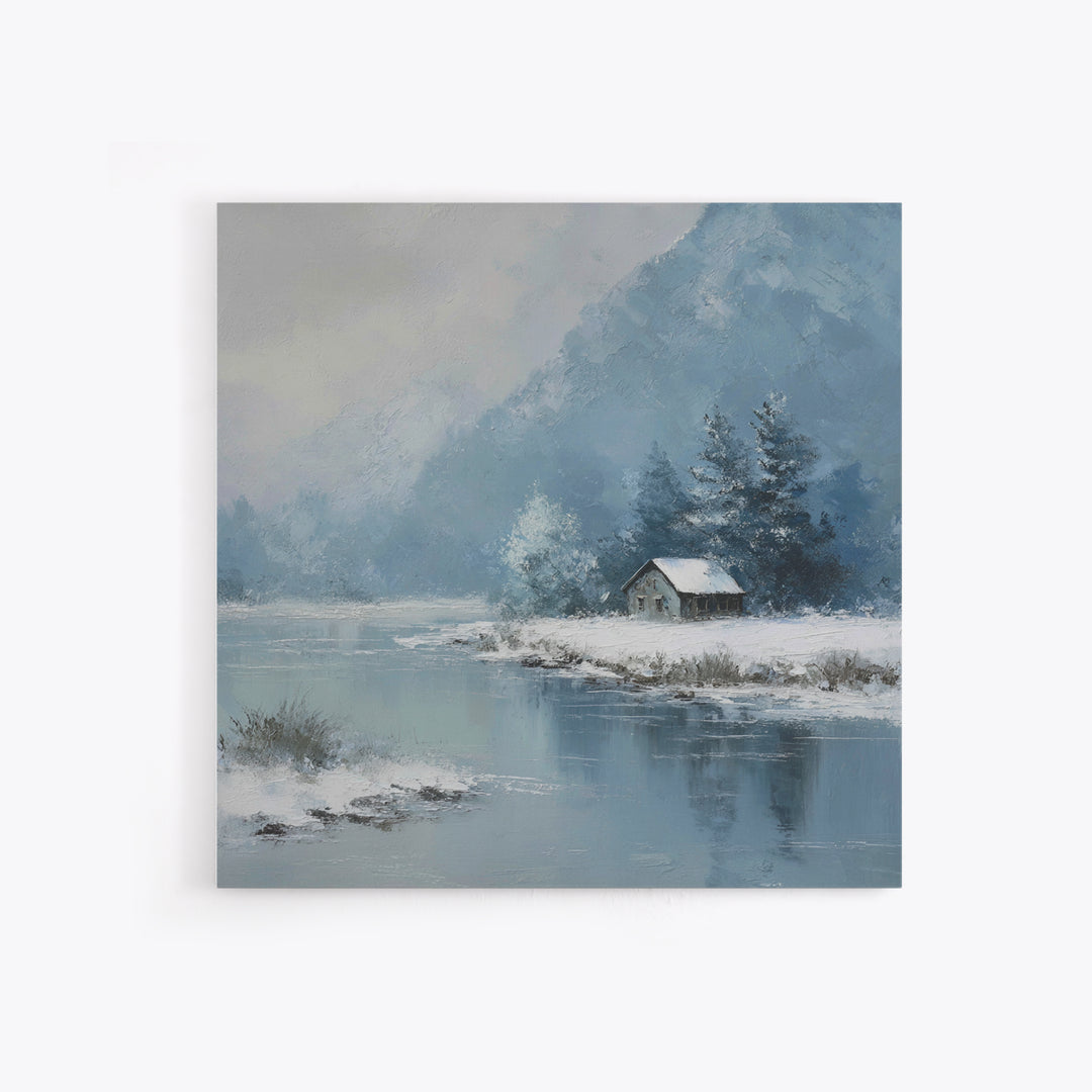 Winter Cabin By Lake Wall Art, Snowy Mountain Landscape Canvas Print, Cozy Rustic Home Decor For Living Room Or Cabin