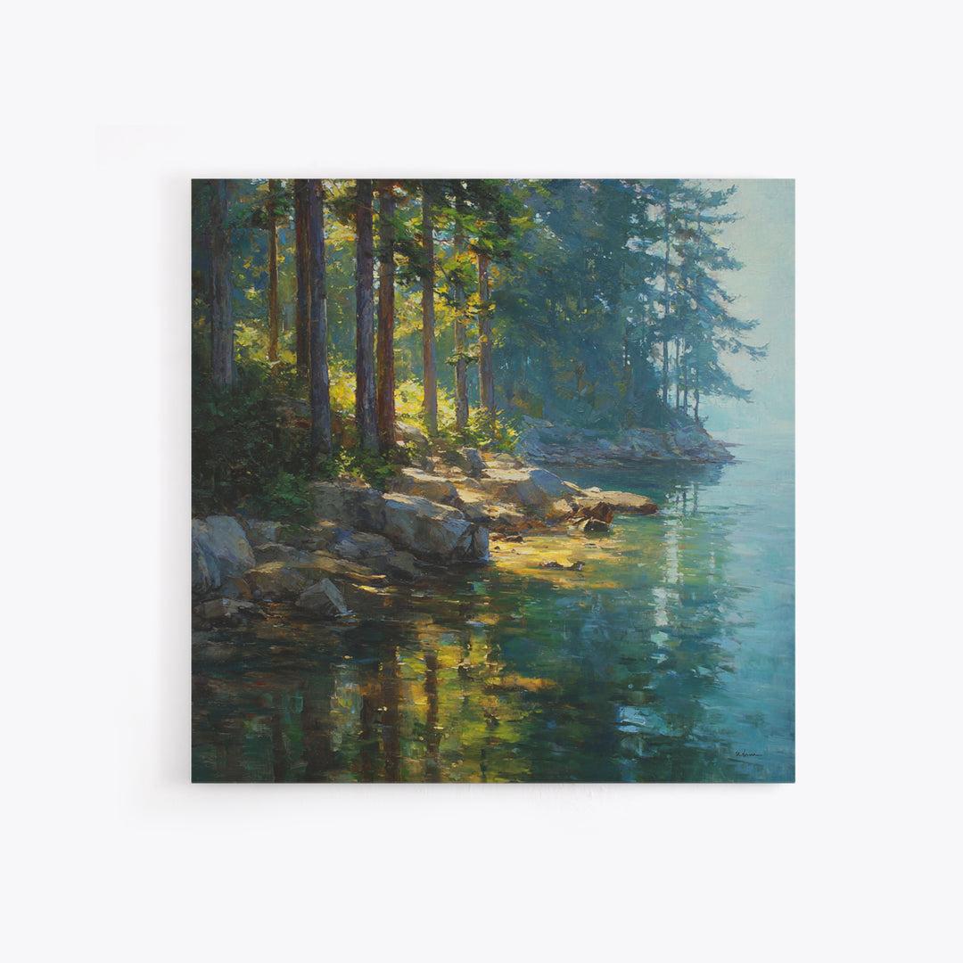 Sunlit Forest Lake With Reflections Landscape Wall Art, Nature Painting For Cabin Or Living Room, Canvas Print