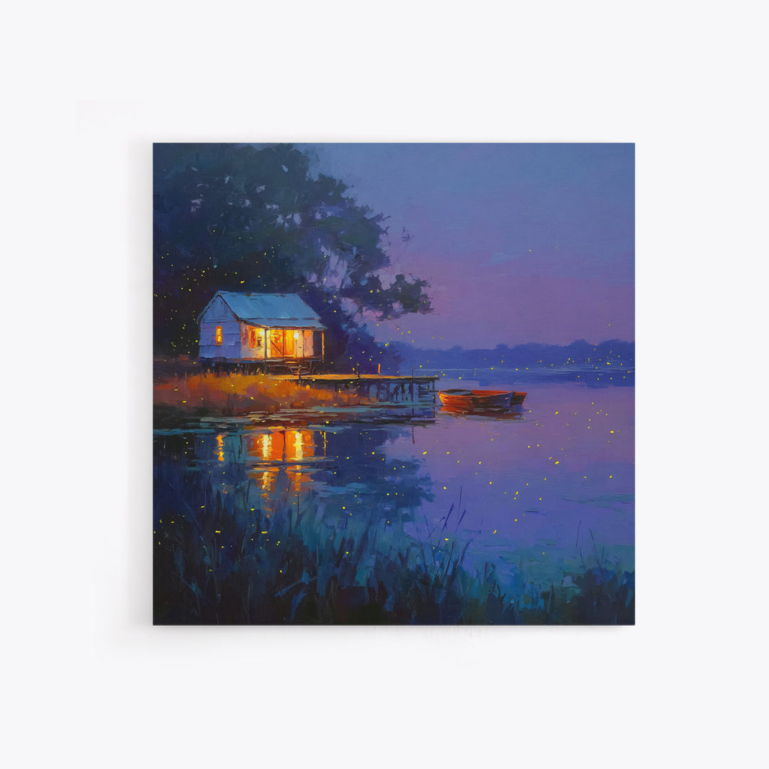 Cozy Lake Cabin At Dusk Framed Canvas Print, Fireflies Over Water Landscape Art, Rustic Wall Art For Cottage Or Living Room
