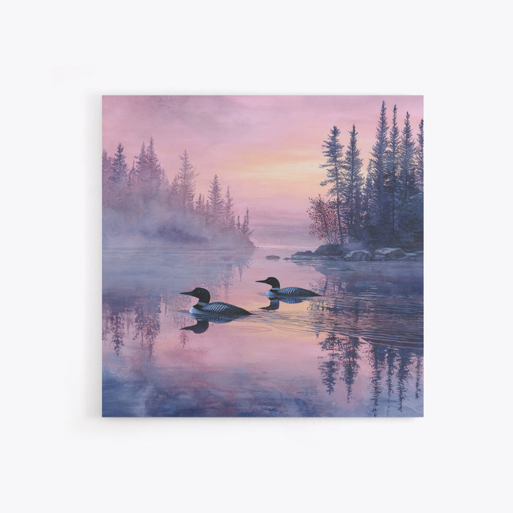 Misty Loon Lake Sunrise Wall Art, Tranquil Forest Landscape Canvas Print, Serene Cabin Decor, Peaceful Lake House Bedroom Art