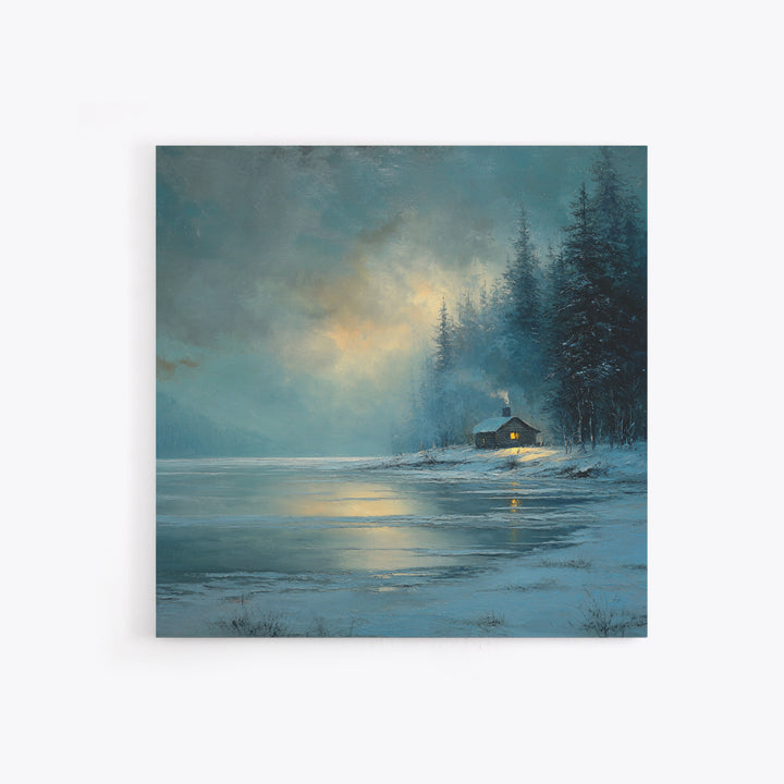 Cozy Winter Cabin By Frozen Lake Wall Art, Snowy Forest Landscape Framed Canvas Print, Rustic Cabin Decor, Calming Artwork