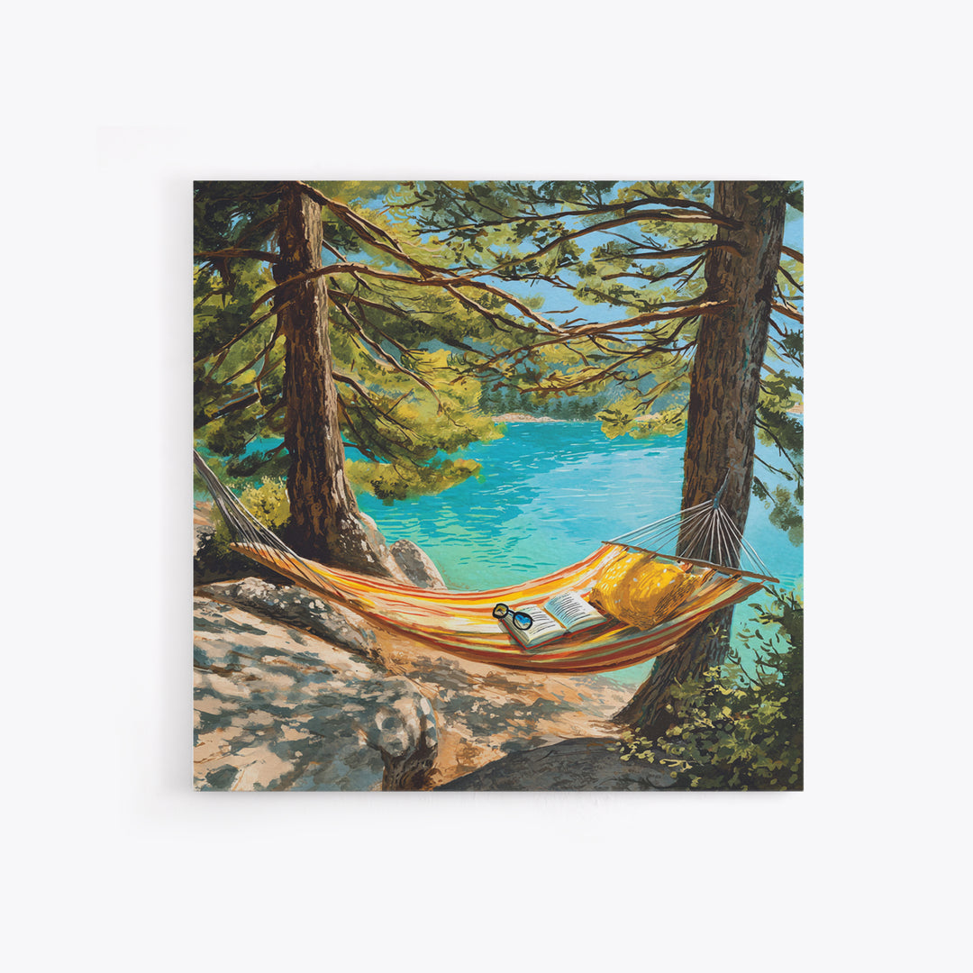 Hammock By Turquoise Lake Wall Art, Cozy Reading Nook In Pines Painting Print, Summer Cabin Home Decor Framed Canvas Print