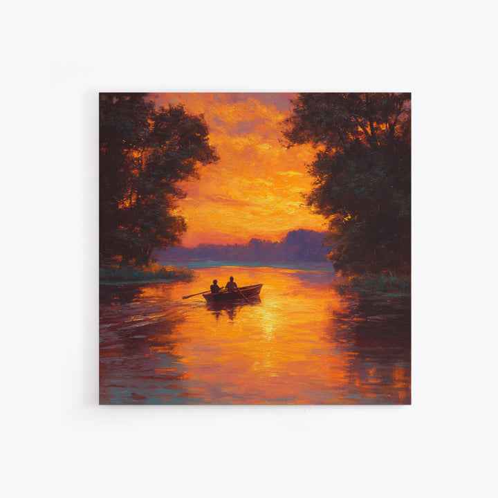 Couple Rowing Boat At Glowing Sunset Wall Art, Romantic Lake Landscape Canvas Print, Warm Living Room Home Decor