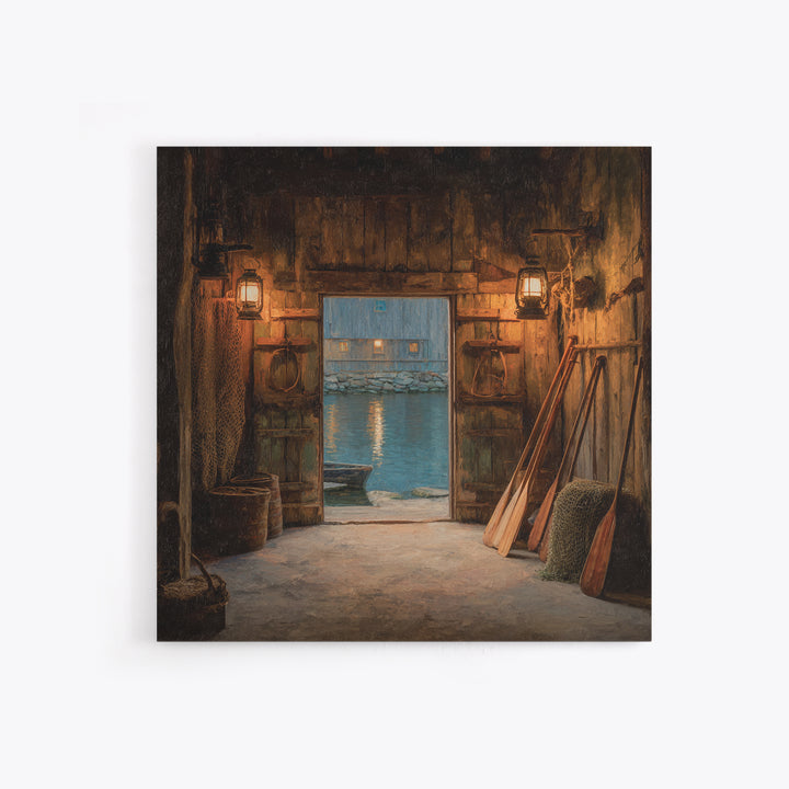 Warm Boat House Interior With Lanterns At Dusk Wall Art, Rustic Nautical Home Decor, Coastal Lake Framed Canvas Print