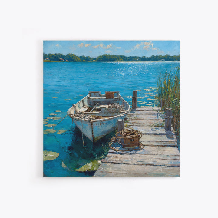 Serene Rowboat Lake Landscape Wall Art For Beach House Decor, Coastal Seascape Canvas Print, Nautical Living Room Artwork