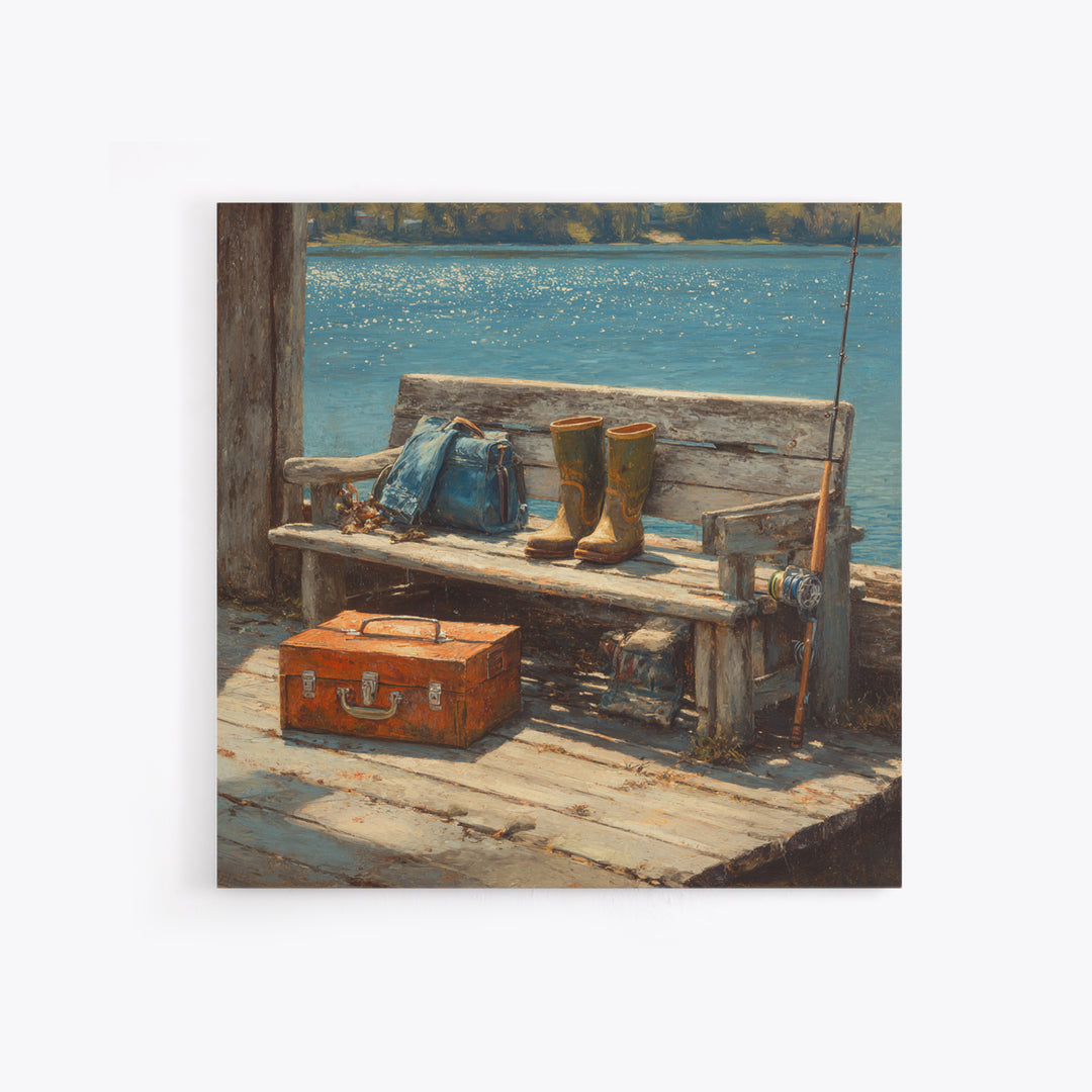 Rustic Fishing Dock Bench Wall Art, Lake Cabin Waterfront Canvas Print, Coastal Country Home Decor
