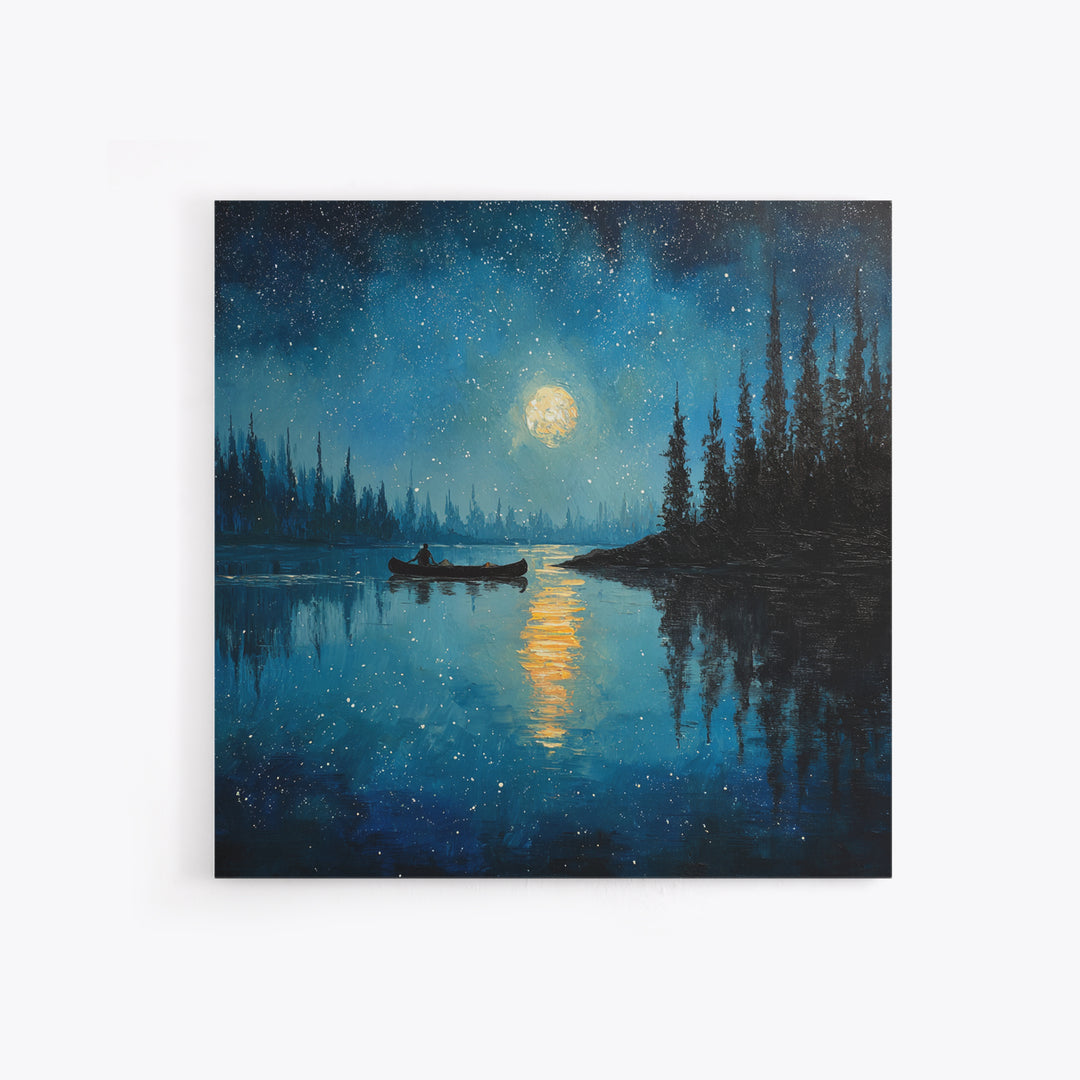 Moonlit Lake Canoe Night Landscape Wall Art, Starry Sky Reflection Print, Calming Nature Decor For Bedroom Wall Art