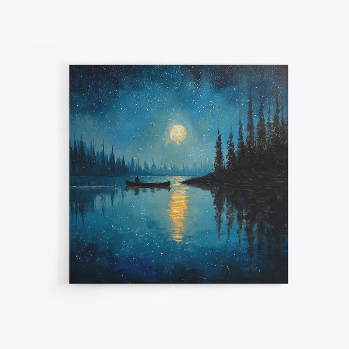 Moonlit Lake Canoe Night Landscape Wall Art, Starry Sky Reflection Print, Calming Nature Decor For Bedroom Wall Art