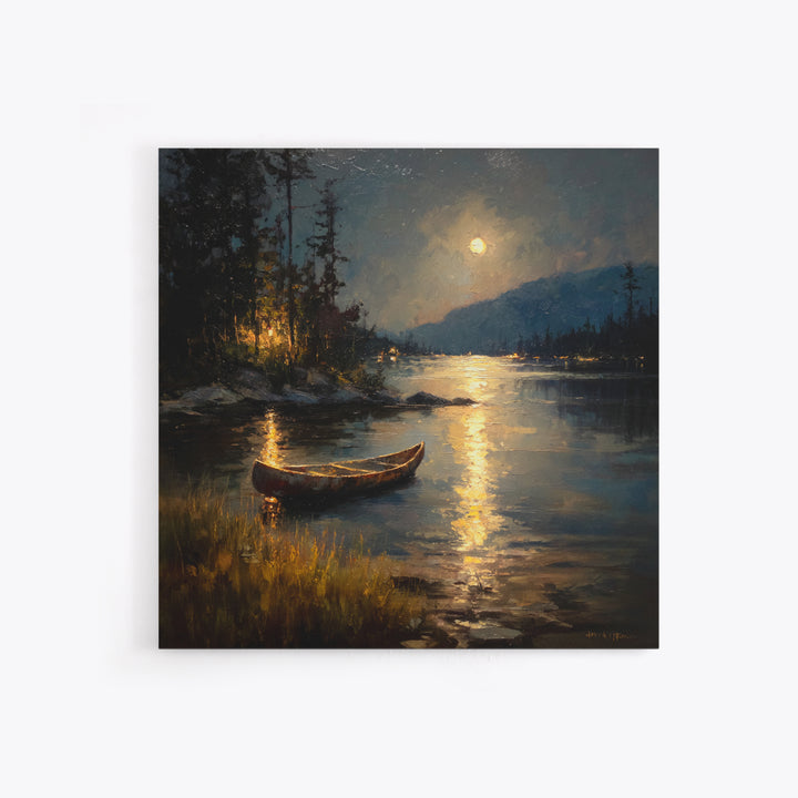 Moody Moonlit Lake Canoe Wall Art, Romantic Night Landscape Print, Rustic Cabin Decor, Calming Nature Art For Bedroom Or Living Room