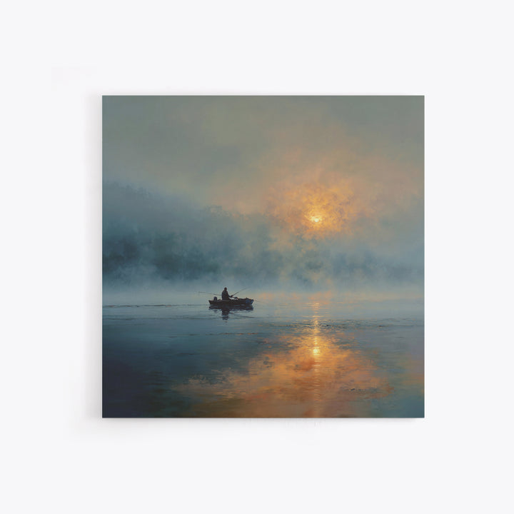 Misty Lake Sunrise Fisher In Boat Landscape Wall Art, Calming Nature Canvas Print, Modern Home Decor Living Room Art