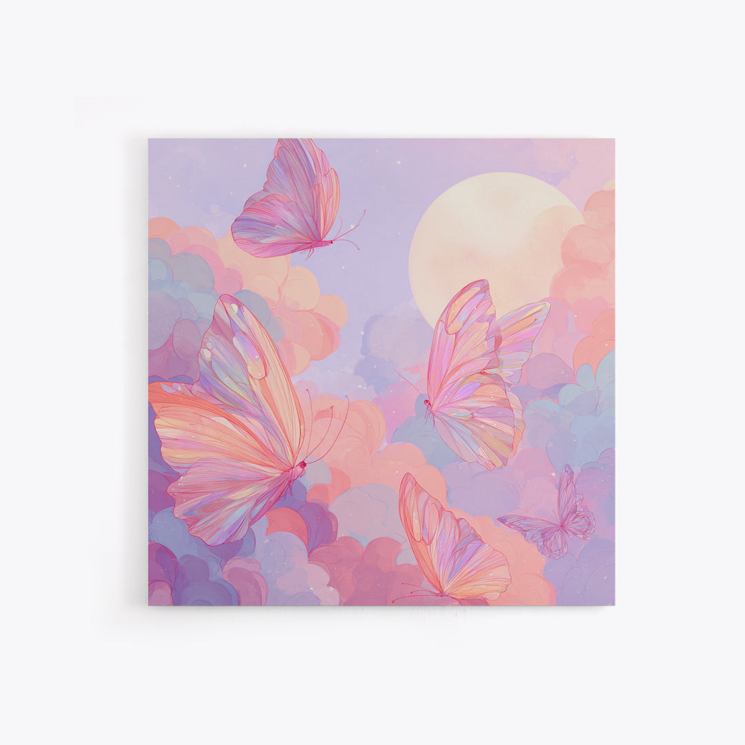 Pastel Pink Butterflies Moon Wall Art, Dreamy Celestial Canvas Print, Coquette Nursery Decor, Whimsical Bedroom Art Gift For Her