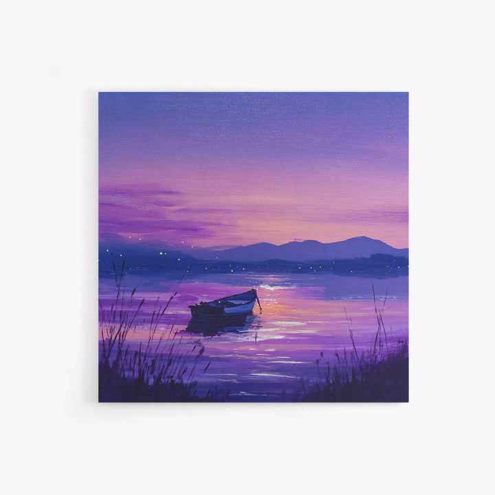 Purple Twilight Lake Boat Wall Art, Serene Sunset Landscape Canvas Print For Living Room Decor, Calming Modern Home Decor