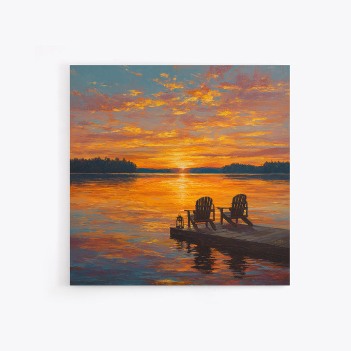 Lakeside Sunset With Adirondack Chairs Painting Wall Art, Romantic Lake Landscape Print, Cozy Cabin Summer Home Decor
