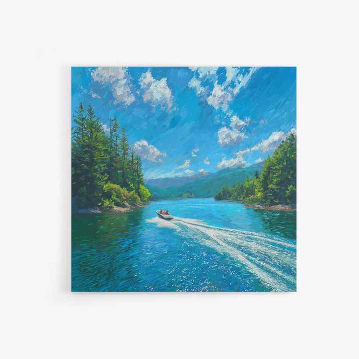 Boat On Mountain Lake Impressionist Landscape Wall Art, Turquoise Lake Painting Print, Nature Wall Art For Living Room Decor