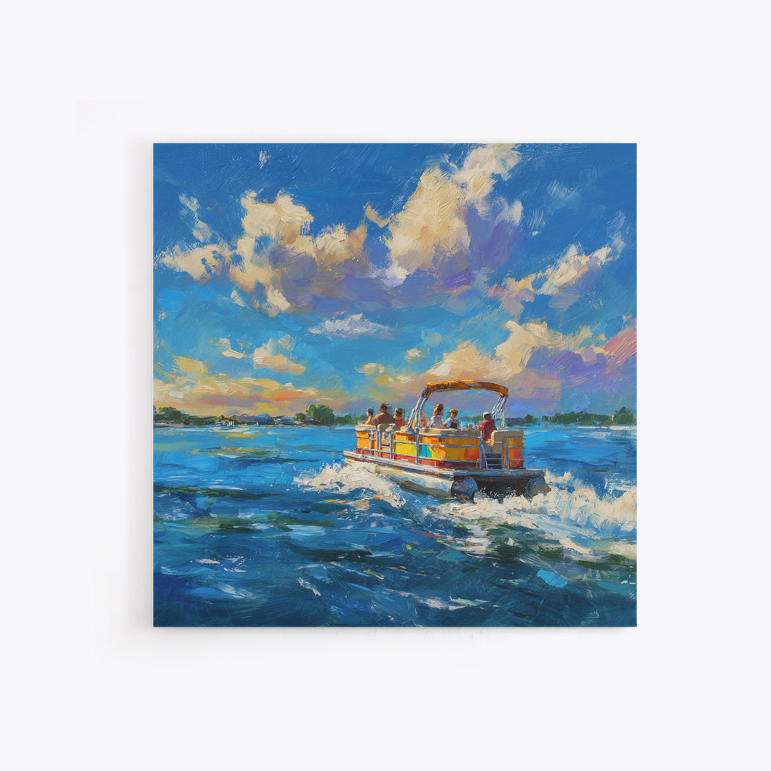 Sunny Boat Day Lake Oil Painting Wall Art, Colorful Coastal Art Print, Nautical Home Decor, Beach House Living Room Wall Art