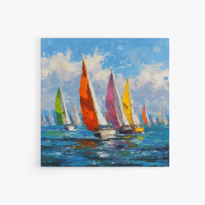 Colorful Sailboats Seascape Oil Painting Wall Art, Coastal Abstract Ocean Canvas Print, Beach House Decor Modern Nautical Art