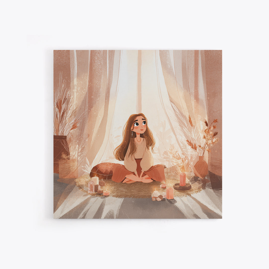 Cozy Meditation Girl With Candles Wall Art, Boho Spiritual Yoga Room Decor, Mindfulness Print, Peaceful Home Decor, Gift For Her