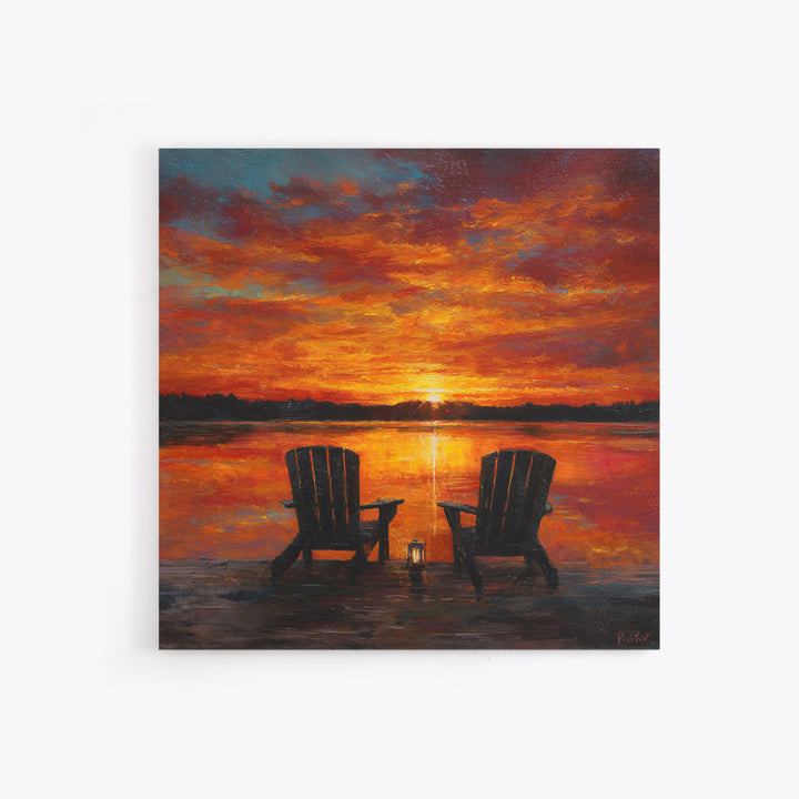 Romantic Lake Sunset Chairs Wall Art For Living Room Decor, Cozy Sunset Painting Canvas Print, Peaceful Landscape Art