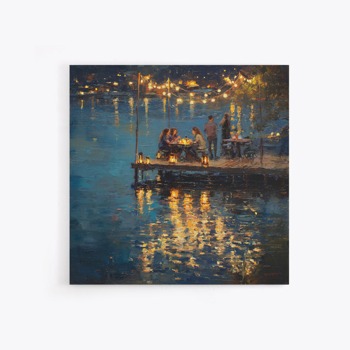 Romantic Lakeside Dinner Painting Wall Art, Warm Night Dock Scene Framed Canvas Print, Cozy Living Room And Dining Decor