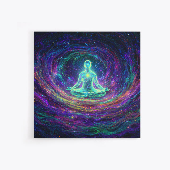 Glowing Figure Meditating In Cosmic Swirl Wall Art, Psychedelic Galaxy Canvas Print, Spiritual Mystical Home Decor