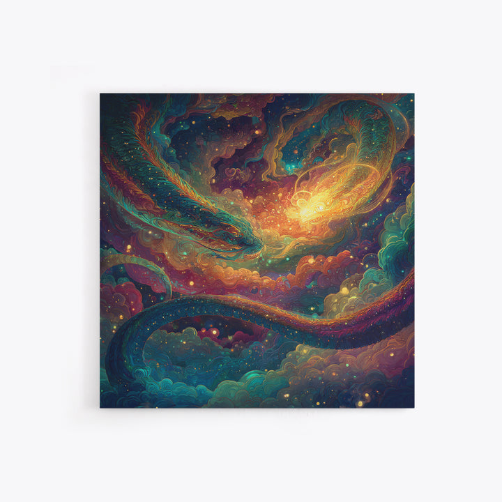 Cosmic Dragon And Phoenix Fantasy Wall Art, Colorful Celestial Galaxy Framed Canvas Print, Mystical Surreal Home Decor