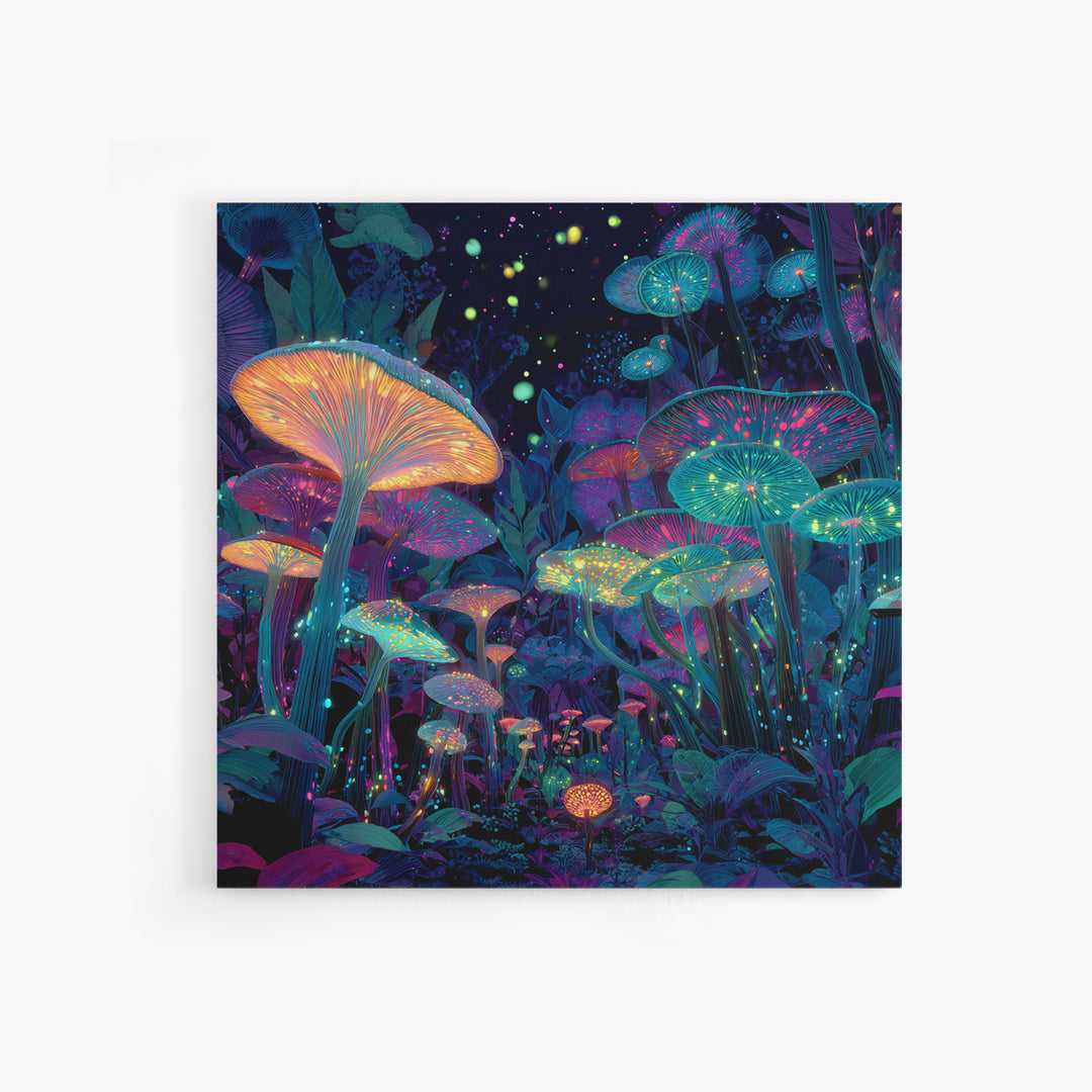 Glowing Mushrooms Fantasy Forest Wall Art, Whimsical Night Garden Painting, Colorful Nature Art Print, Magical Canvas Print
