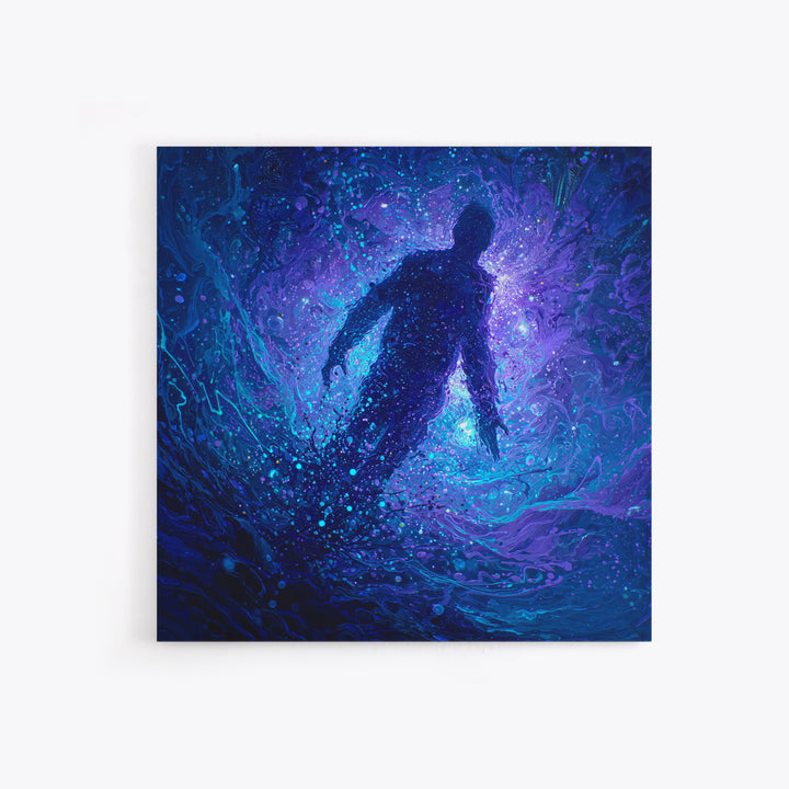 Surreal Figure Floating In Cosmic Blue Swirl Canvas Print, Abstract Space Art, Mystical Wall Art For Modern Living Room Decor