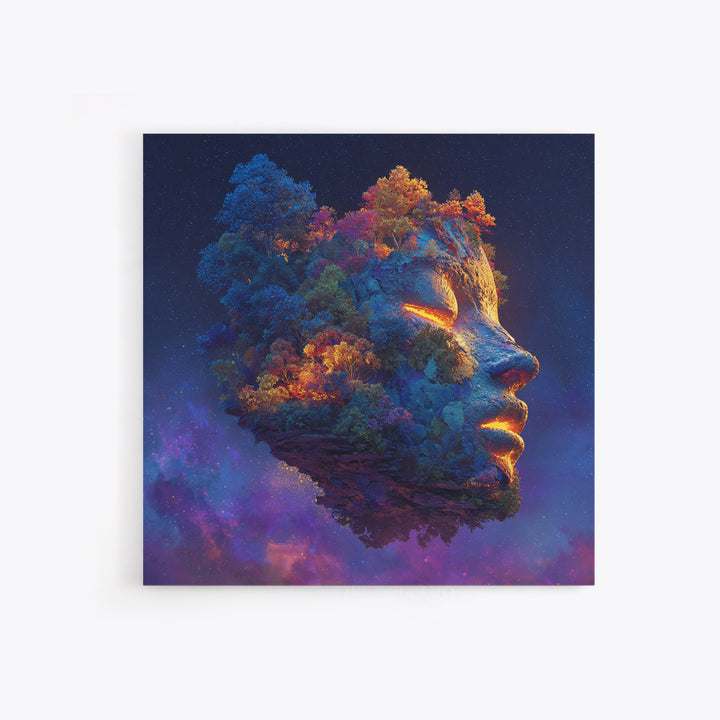 Cosmic Mother Earth Face Wall Art, Fantasy Floating Island Landscape Canvas Print, Vibrant Galaxy Home Decor