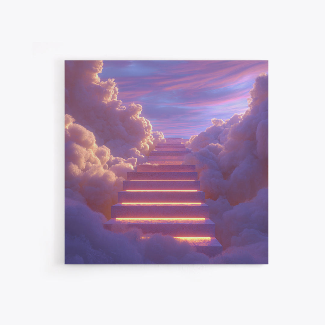 Glowing Stairway Through Pastel Clouds Wall Art, Dreamy Celestial Canvas Print, Calming Bedroom Decor For Nursery And Meditation Room