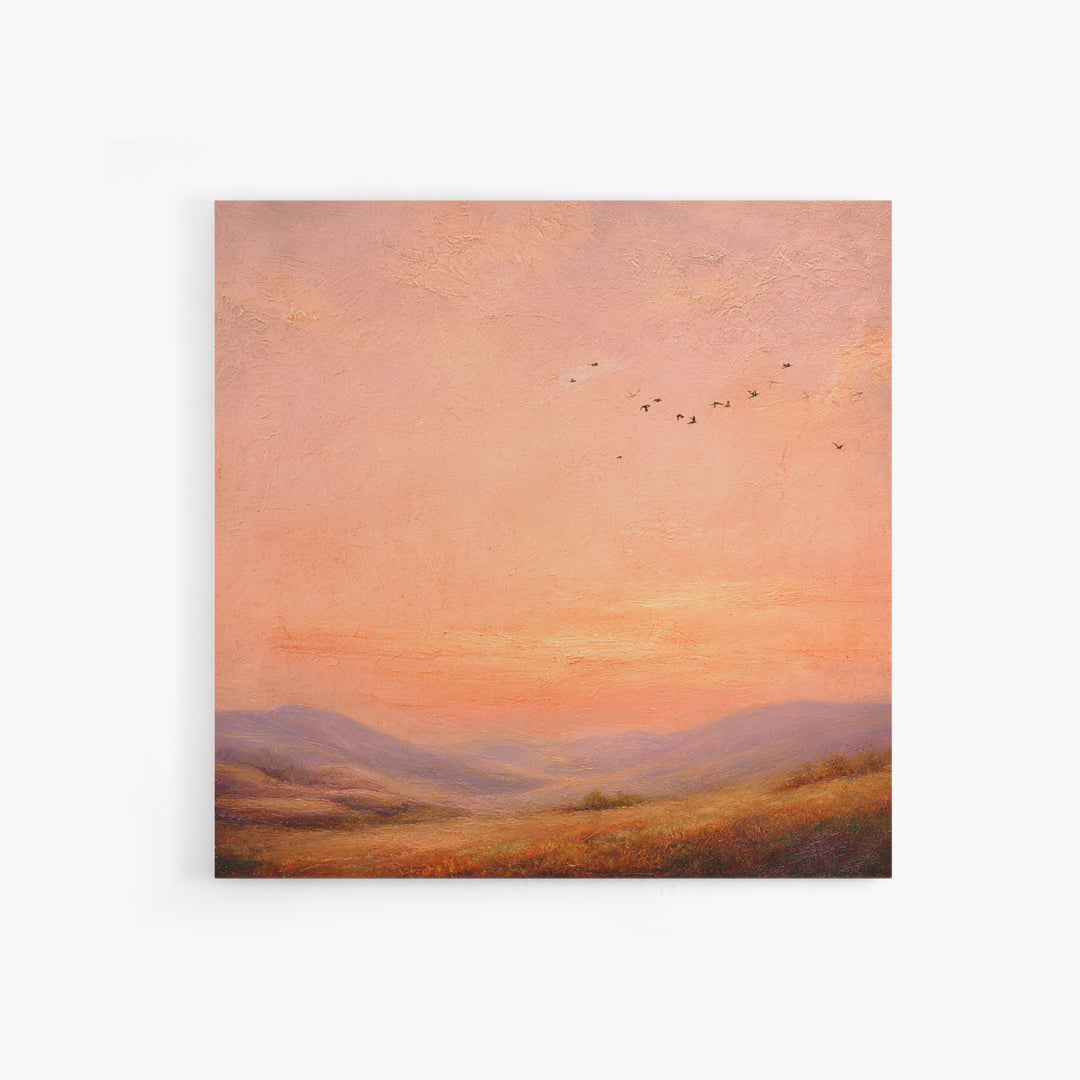 Peach Sunset Valley Landscape Wall Art, Textured Oil Painting Print, Warm Nature Decor, Large Living Room Canvas Wall Decor