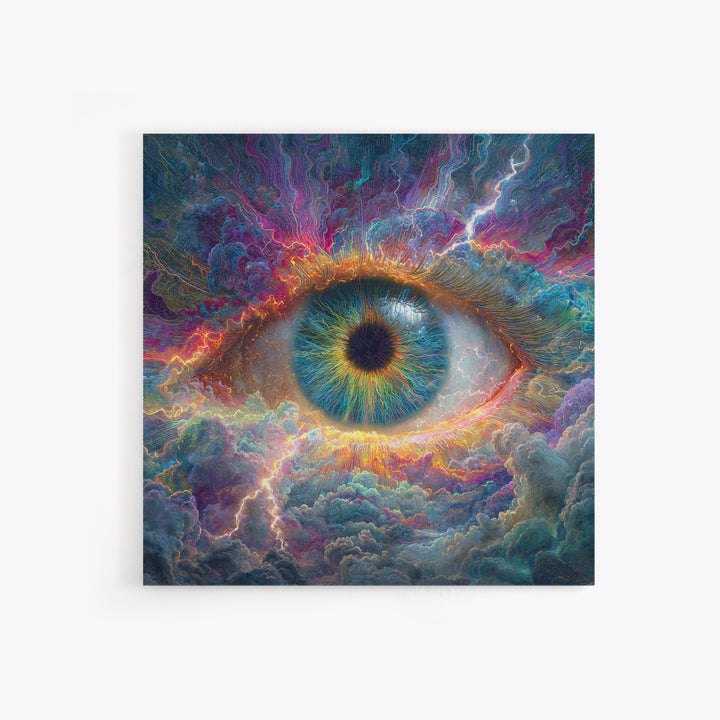 Cosmic Eye In Storm Clouds Framed Canvas Print, Surreal Celestial Wall Art, Psychedelic Visionary Decor For Office And Living Room