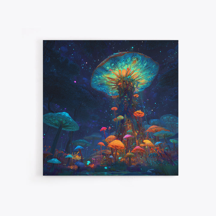 Enchanted Bioluminescent Mushroom Forest Wall Art, Vibrant Fantasy Landscape Canvas Print, Whimsical Nature Home Decor