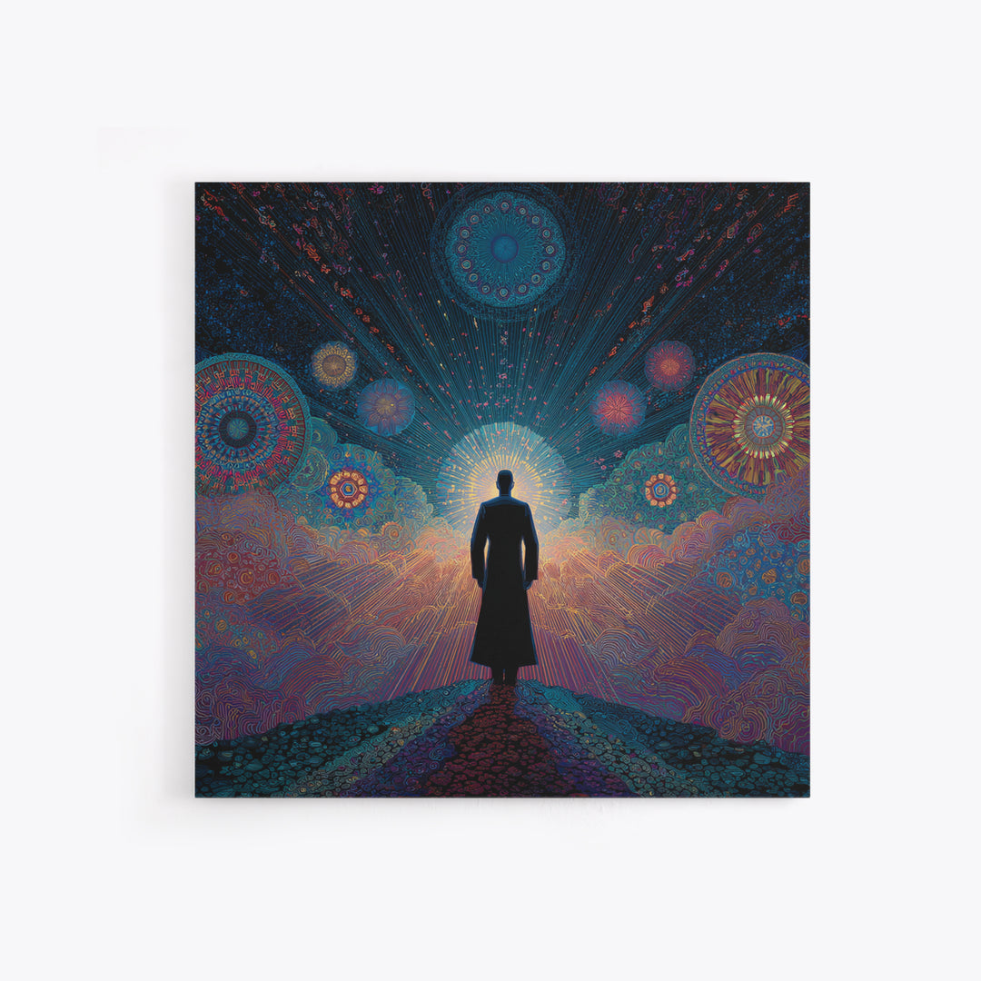 Mystical Figure Under Cosmic Sky Wall Art, Psychedelic Galaxy Path Print, Spiritual Visionary Surreal Art Canvas Print