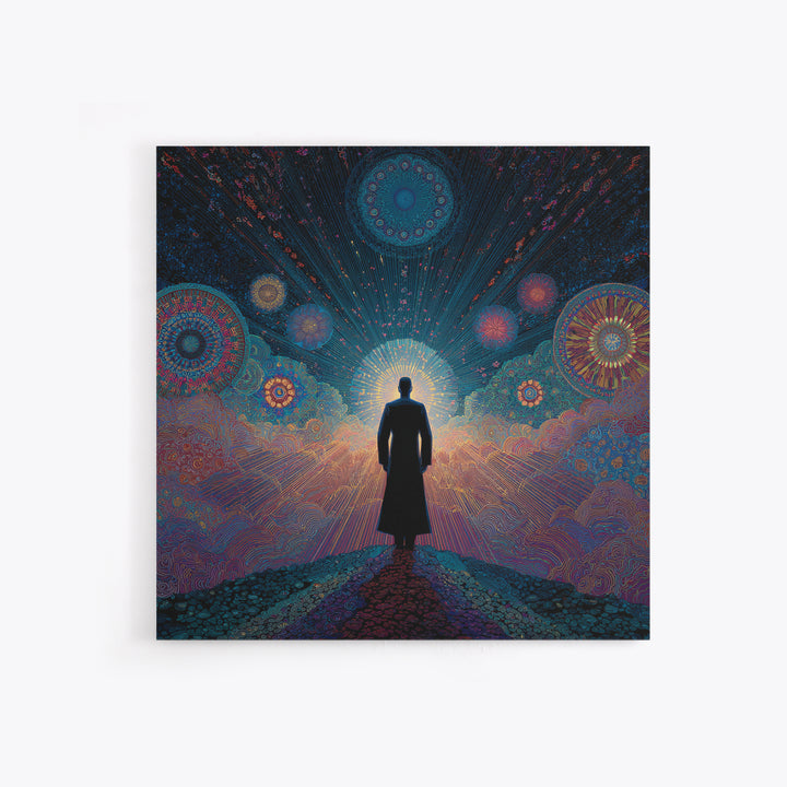 Mystical Figure Under Cosmic Sky Wall Art, Psychedelic Galaxy Path Print, Spiritual Visionary Surreal Art Canvas Print