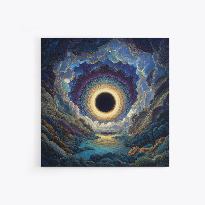 Mystic Solar Eclipse Over Blue Valley Framed Canvas Print, Celestial Landscape Wall Art, Moody Fantasy Home Decor For Bedroom