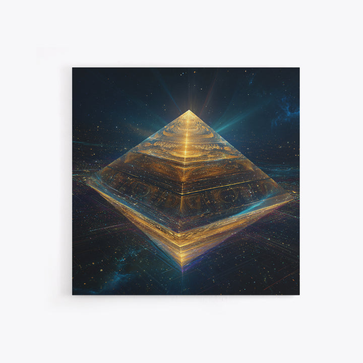Golden Futuristic Pyramid In Galaxy Surreal Space Wall Art, Cosmic Sci Fi Home Decor, Modern Canvas Print