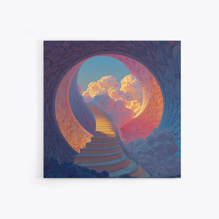 Heavenly Stairway To Clouds Wall Art, Dreamy Fantasy Landscape Canvas Print, Calming Surreal Art For Bedroom Decor
