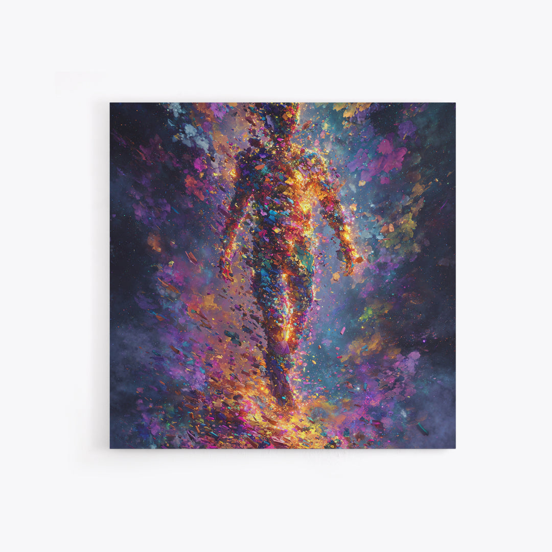 Cosmic Figure Explosion Wall Art, Colorful Abstract Galaxy Human Silhouette, Modern Surreal Canvas Print For Living Room