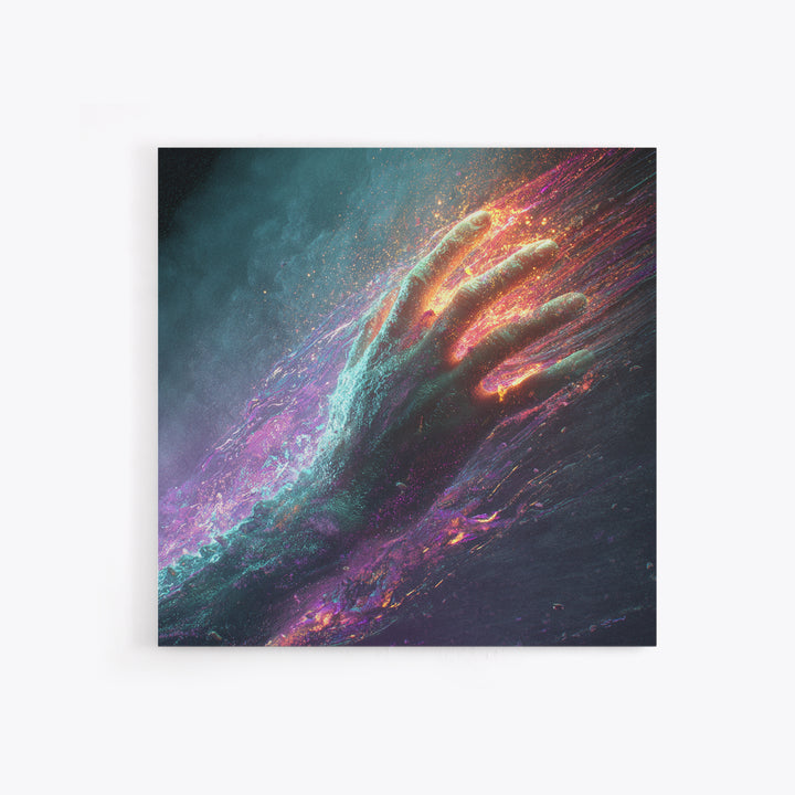 Abstract Cosmic Hand Reaching Wall Art, Surreal Galaxy Canvas Print, Modern Statement Artwork For Living Room Or Office
