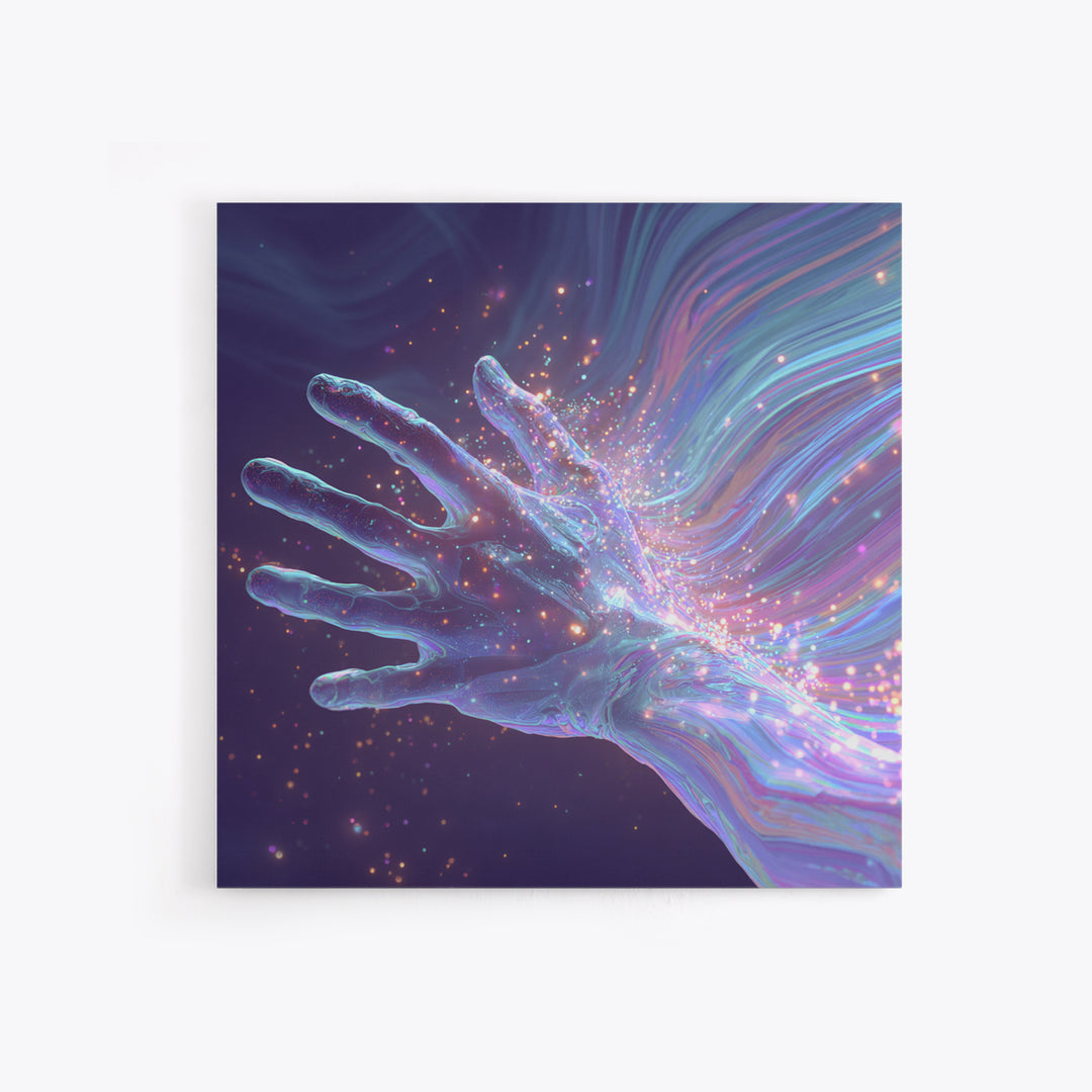 Iridescent Hand With Sparkles Surreal Wall Art, Futuristic Abstract Canvas Print For Modern Office Decor And Gamer Room