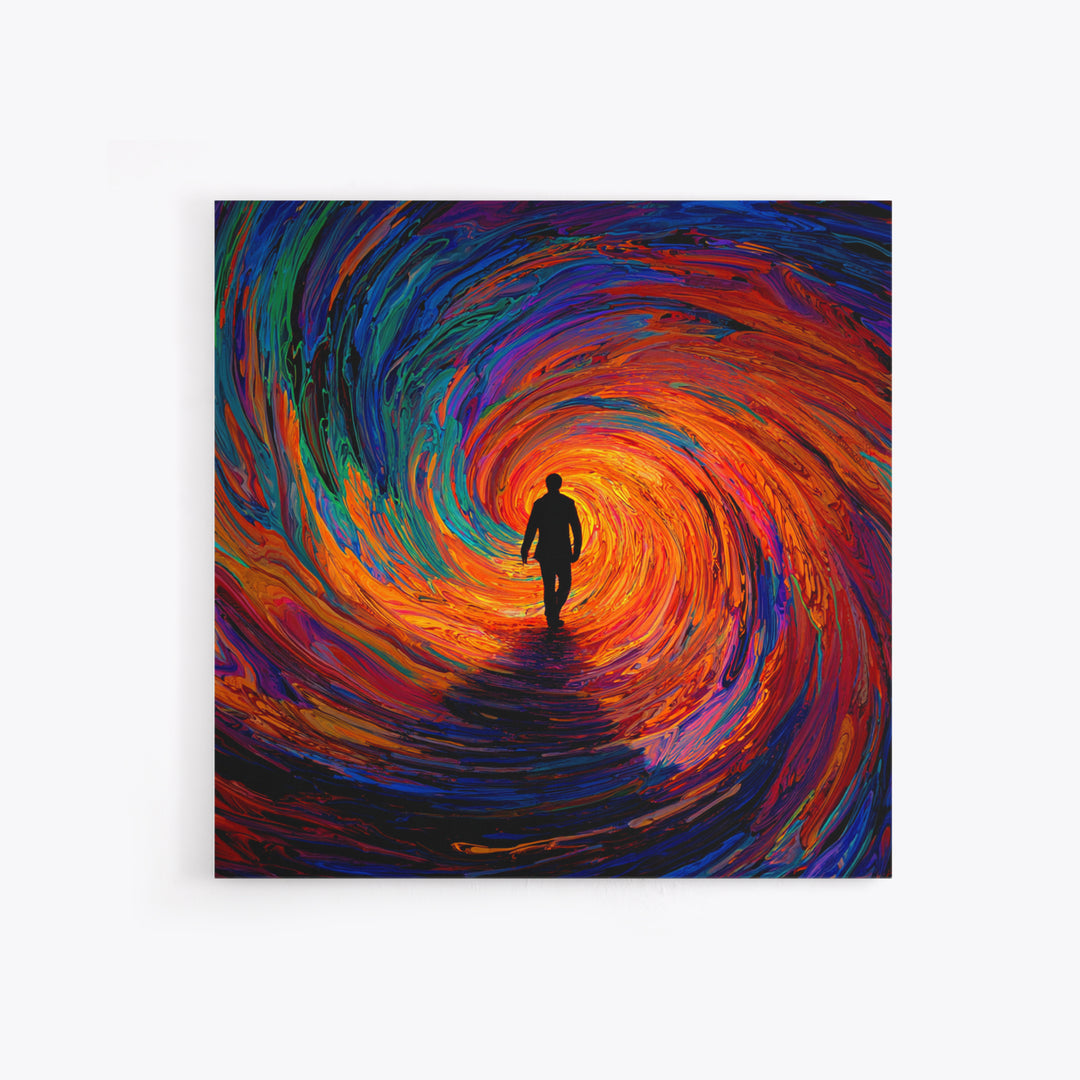 Man Walking Into Vortex Abstract Wall Art, Colorful Surreal Tunnel Painting, Modern Abstract Art Print, Statement Canvas Print