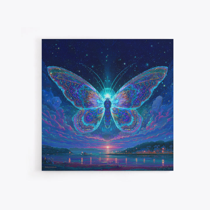 Cosmic Butterfly Over Water Wall Art, Psychedelic Celestial Canvas Print, Fantasy Night Sky Home Decor