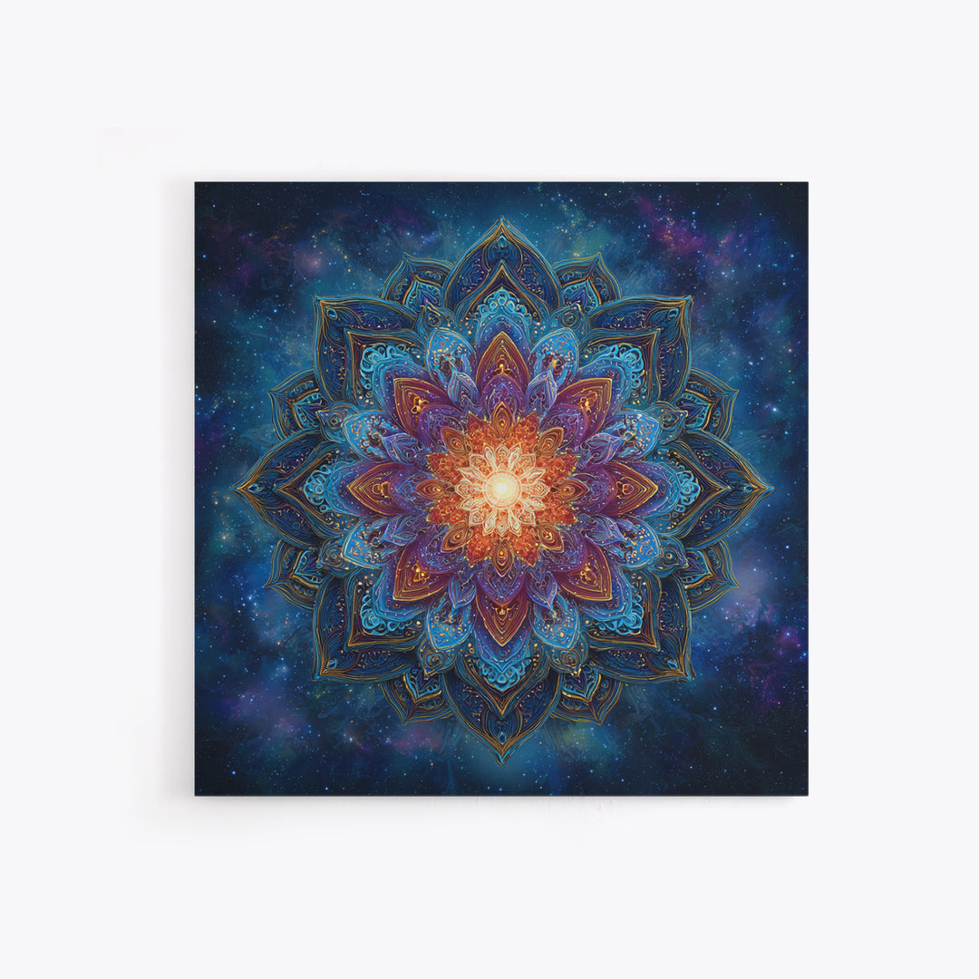 Cosmic Lotus Mandala Galaxy Wall Art, Celestial Spiritual Canvas Print, Mystic Meditation Room Decor Colorful Abstract Art