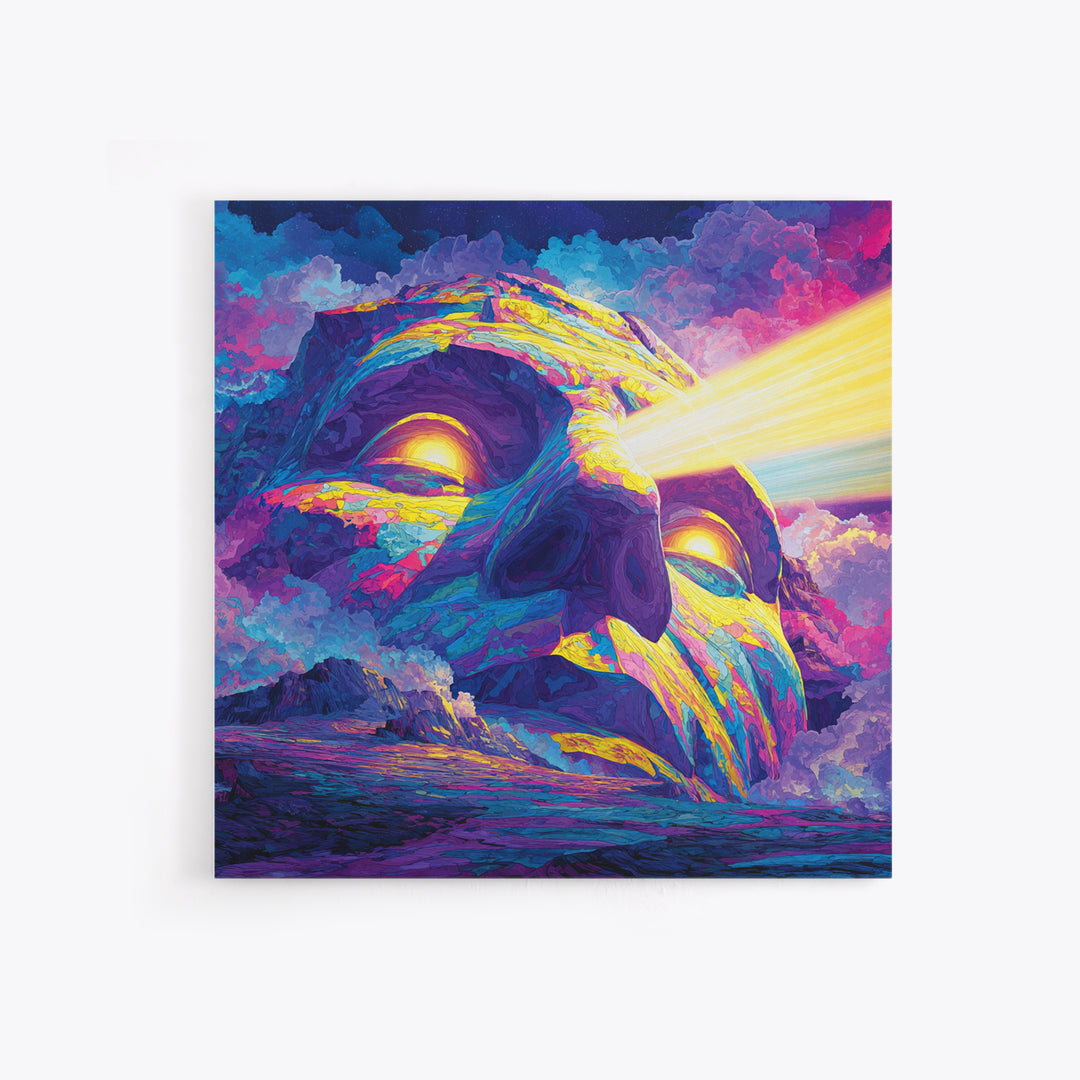 Psychedelic Mountain Face With Cosmic Light Wall Art, Trippy Surreal Landscape Home Decor, Colorful Canvas Print