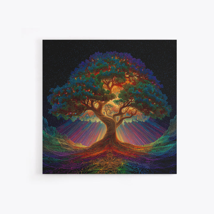 Rainbow Tree Of Life Under Starry Sky Psychedelic Landscape Wall Art Canvas Print Boho Spiritual Home Decor