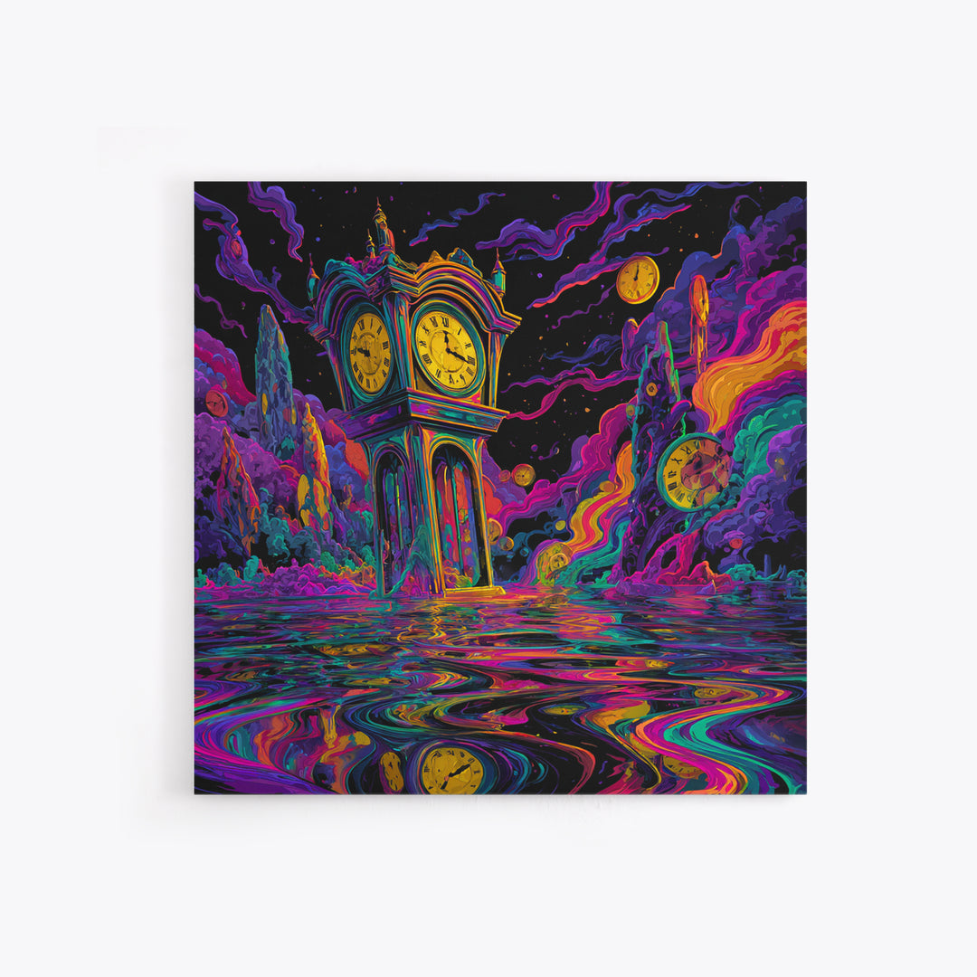 Surreal Neon Clock Dreamscape Wall Art, Psychedelic Abstract Landscape Canvas Print, Colorful Trippy Home Decor