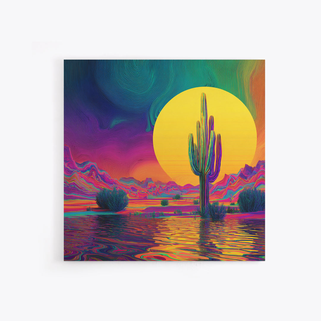 Psychedelic Desert Cactus Wall Art, Vibrant Sunset Landscape Canvas Print, Colorful Boho Western Home Decor