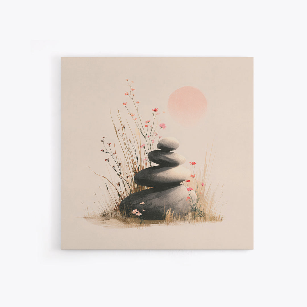 Zen Stacked Stones And Wildflowers Wall Art, Minimalist Meditation Canvas Print, Japandi Spa Decor, Calming Gift For Her